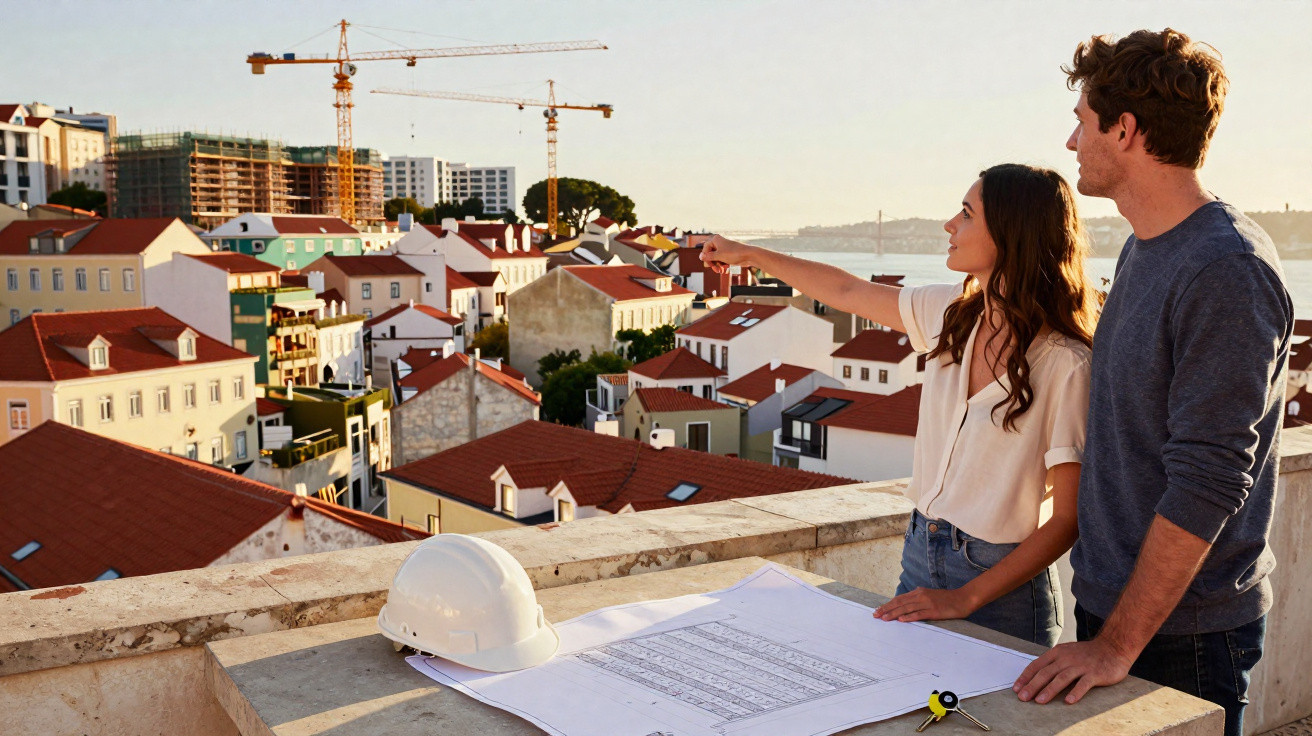 Casal observa plano de arquitetura numa varanda com vista para cidade e obras ao fundo ao pôr do sol.