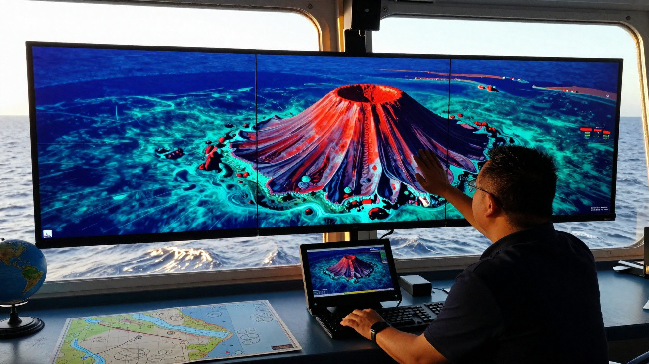 Homem analisa imagem de vulcão ativo numa grande tela de computador dentro de uma cabine com vista para o mar.