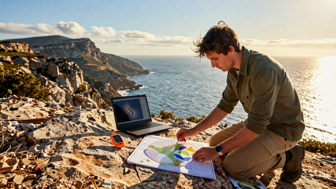 Homem com mochila consulta mapa e computador num rochedo junto ao mar ao pôr do sol.