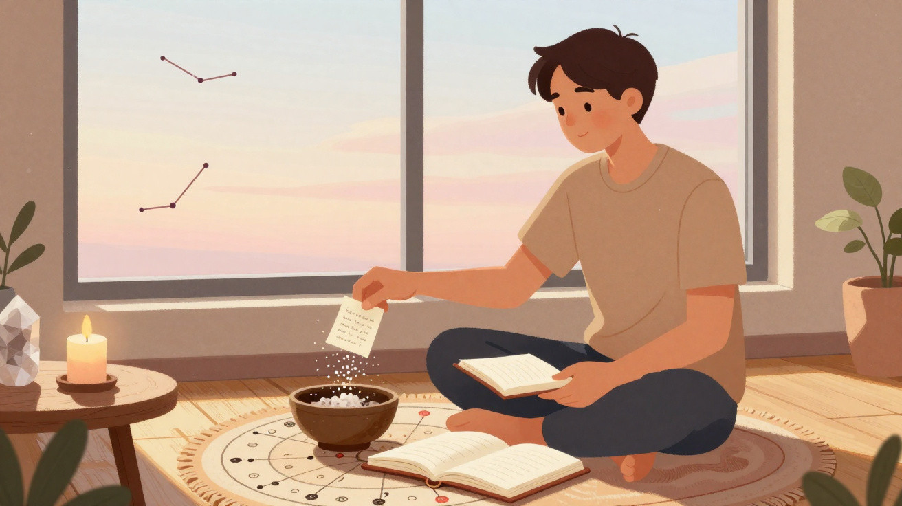 Pessoa sentada no chão a fazer um ritual com incenso, livro aberto e símbolos astrológicos num tapete.