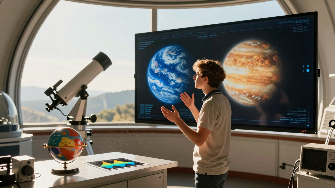 Homem observa planetas Terra e Júpiter gigantes através de janela com telescópio e equipamentos científicos.