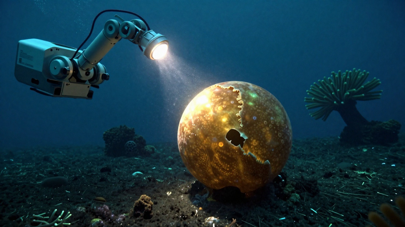 Robô subaquático com luz a iluminar esfera dourada rachada no fundo do oceano.
