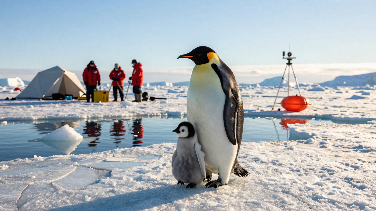 Pinguim adulto e filhote em gelo com investigadores e equipamentos científicos ao fundo na Antártida.