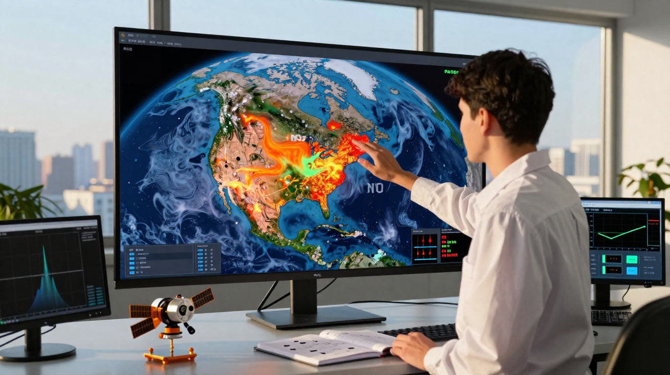 Mulher a analisar mapas de calor de fenómenos climáticos globais num monitor grande num escritório moderno.
