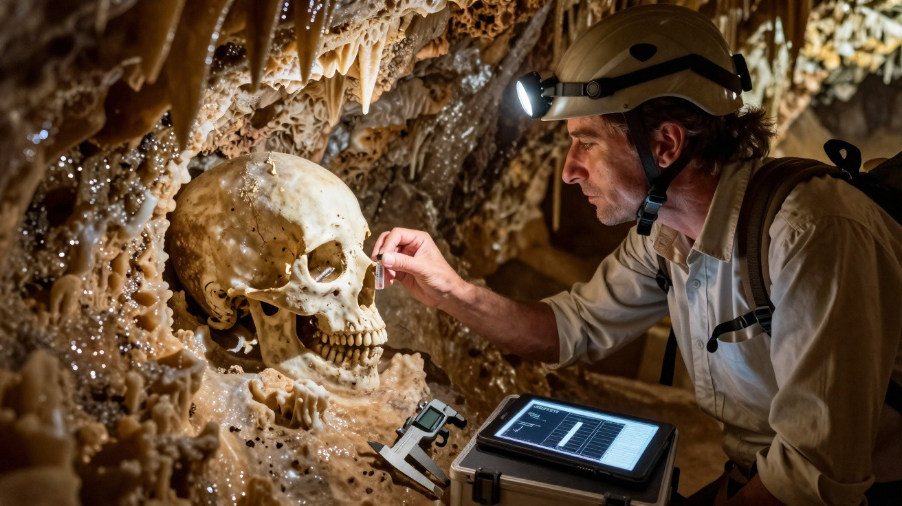 Explorador com capacete e lanterna examina crânio humano numa caverna com estalactites e estalagmites.