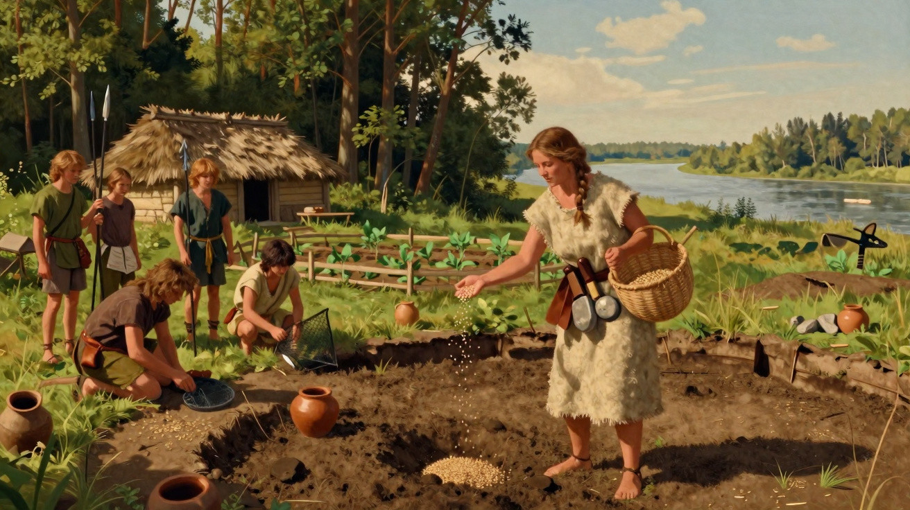 Pessoas vestidas com roupas antigas a plantar sementes num campo junto a uma cabana e um rio.