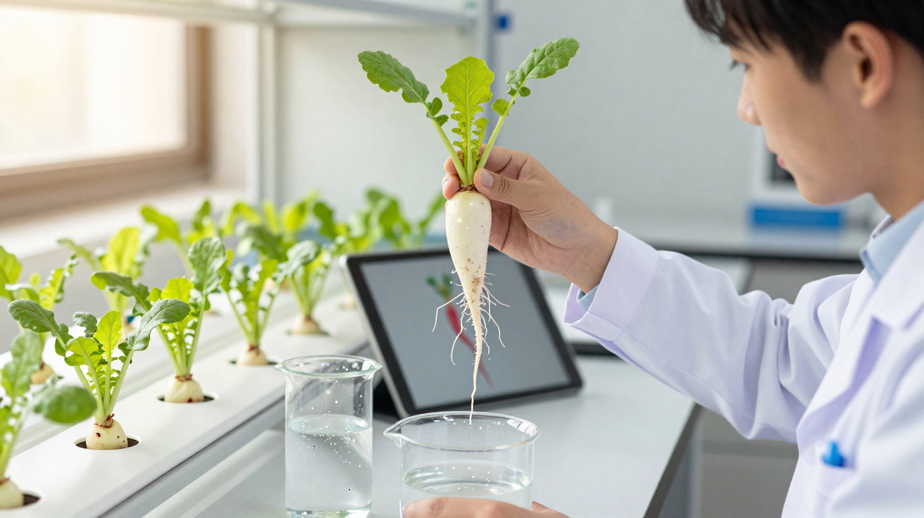 Cientista segura rábano branco cultivado em laboratório com plantas hidropónicas em fundo.