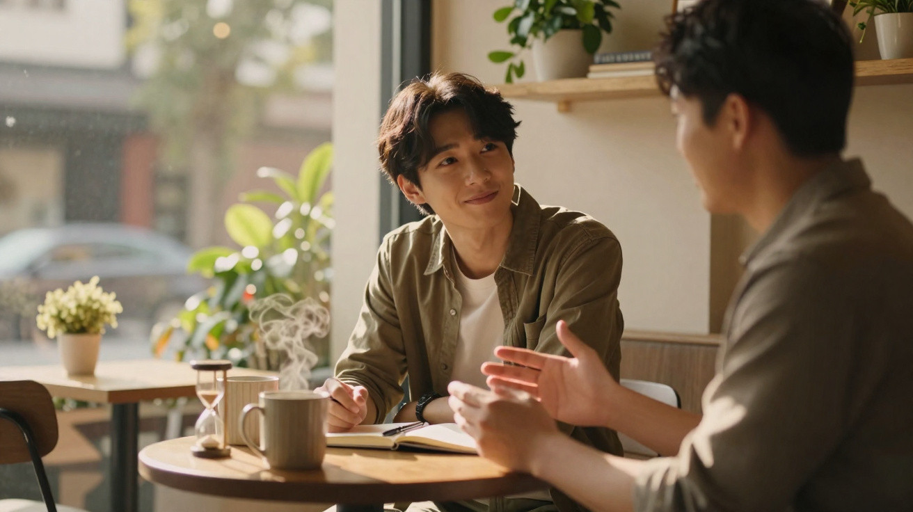 Duas pessoas a conversar sentadas numa mesa de café com chá quente, em ambiente iluminado e acolhedor.
