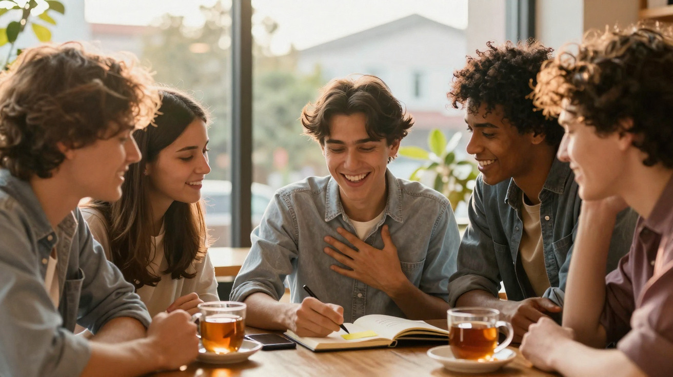 Grupo de jovens sentados à mesa, conversando e a tomar chá num ambiente luminoso e descontraído.