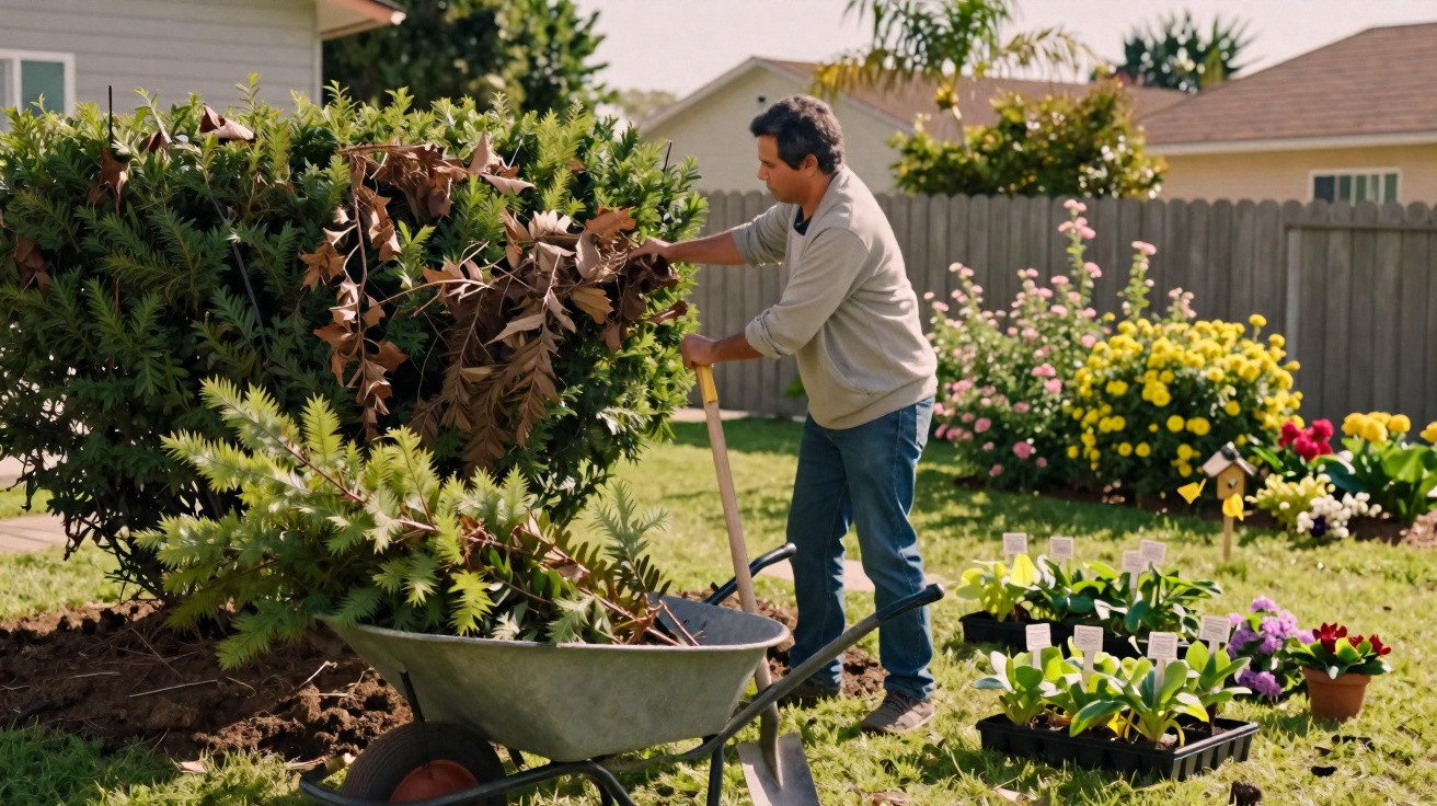 Homem a cavar terra no jardim, rodeado de plantas e flores, prepara-se para plantar novas mudas.