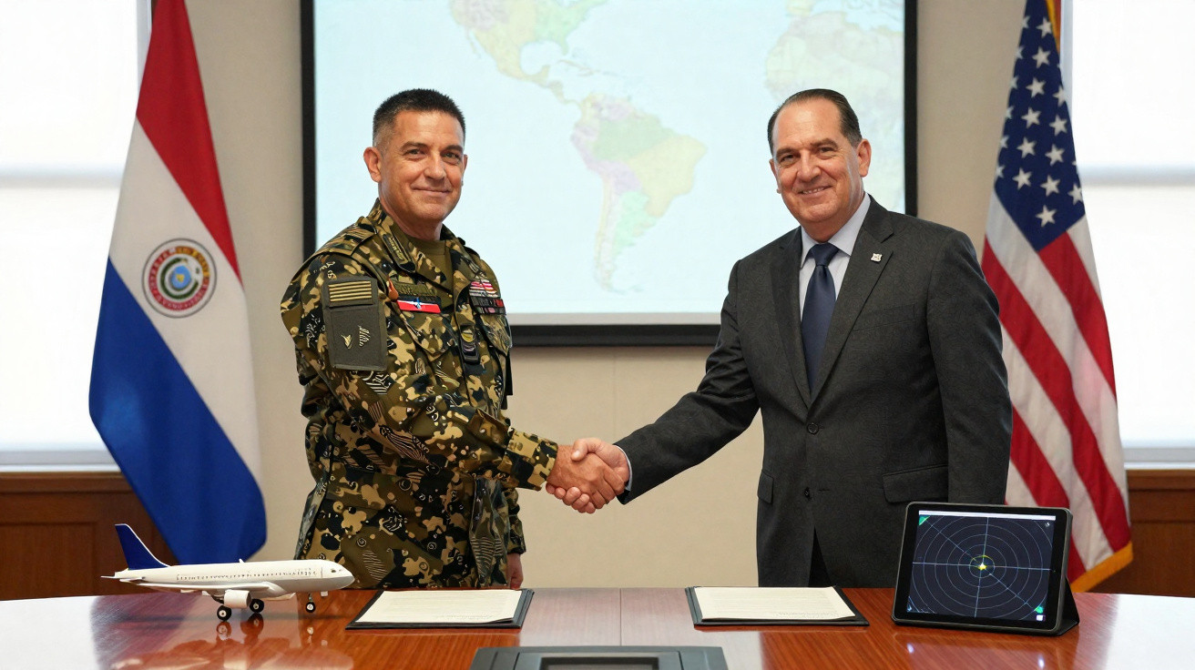 Militar em uniforme camuflado e homem de fato apertam as mãos com bandeiras do Paraguai e EUA ao fundo.