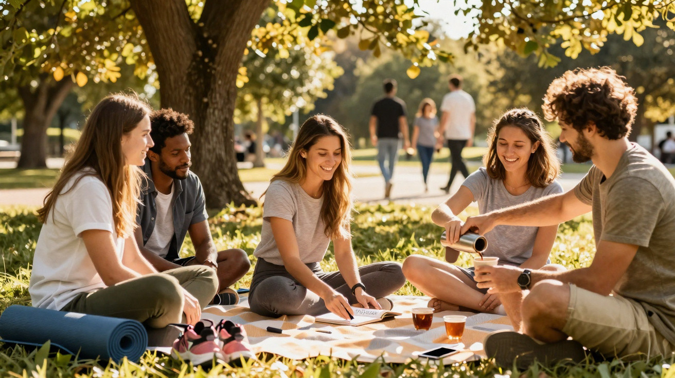 Quatro jovens sentados num picnic no parque, um deles a servir chá enquanto conversam na relva.