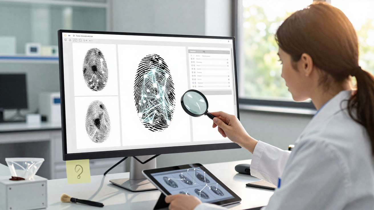 Cientista analisa digitais no computador com lupa digital, estudando padrões para investigação forense.