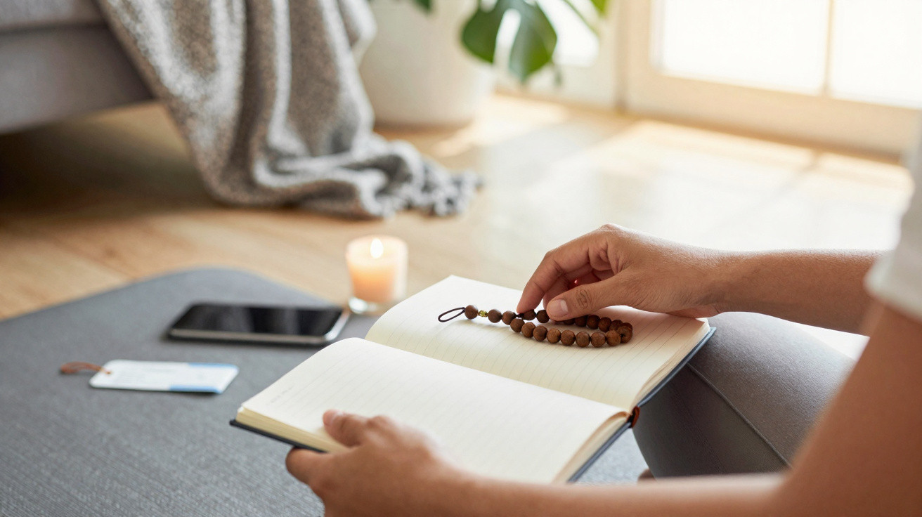 Pessoa sentada junto a vela acesa, caderno aberto com contas, rosário e telemóvel numa superfície macia.