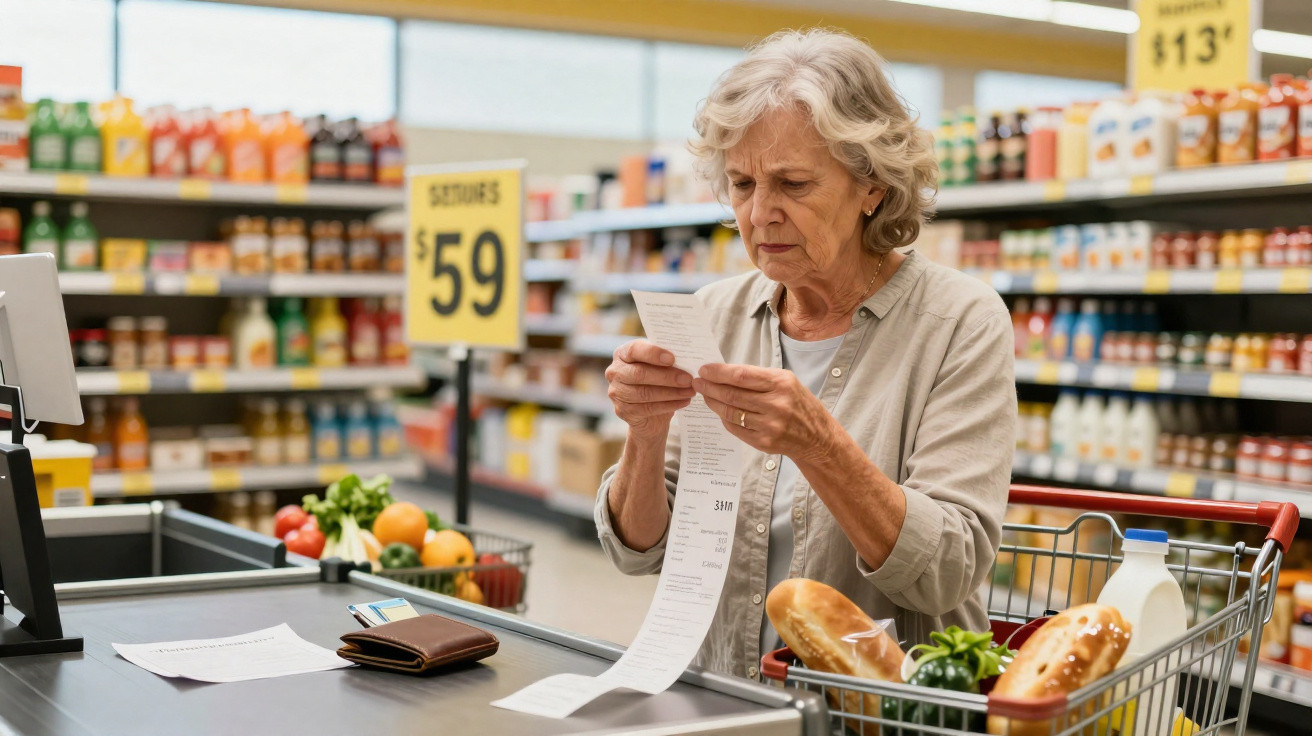 Mulher idosa a consultar atentamente um talão de compras numa caixa de supermercado.