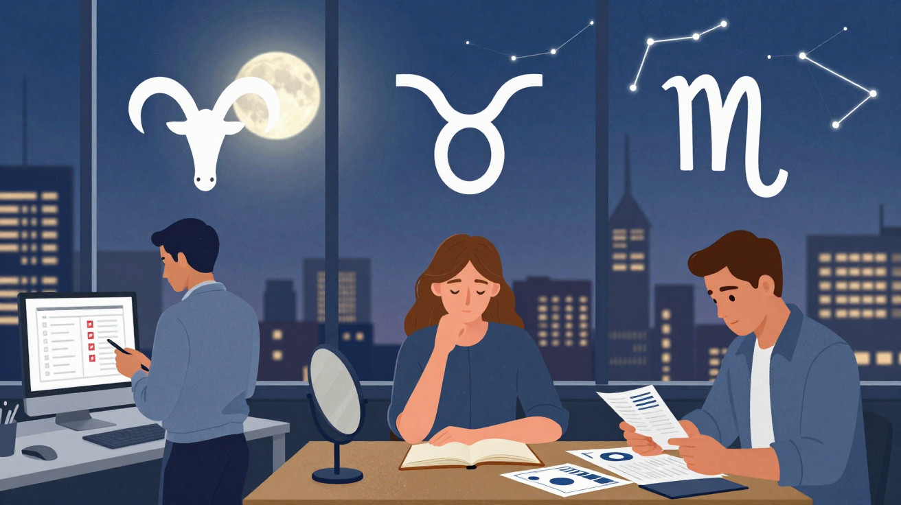 Três pessoas a estudar à noite com símbolos de signos zodiacais Áries, Touro e Escorpião e constelações ao fundo.