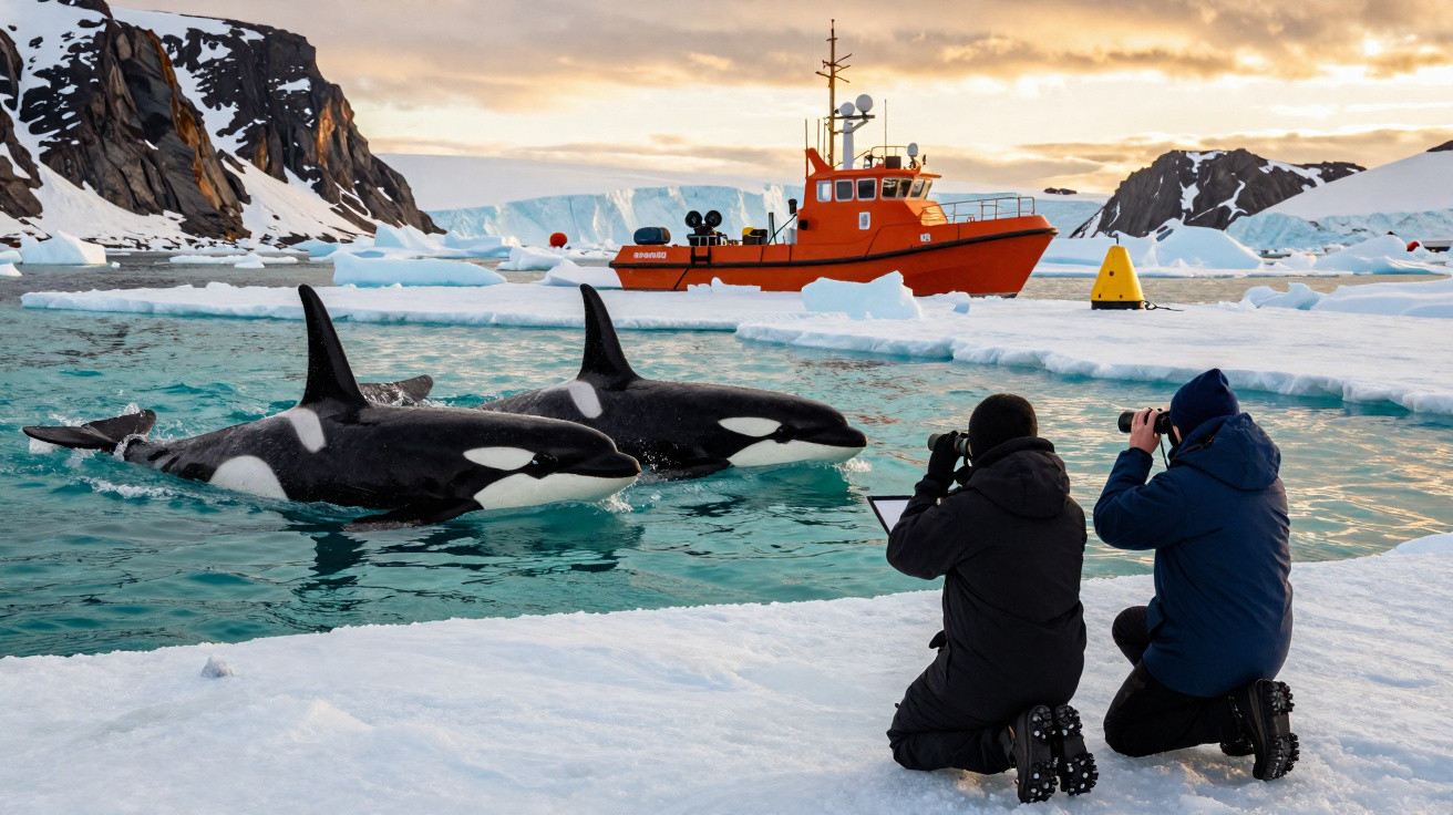 Duas orcas nadam perto de dois observadores em roupa térmica com barco laranja e icebergues ao fundo.