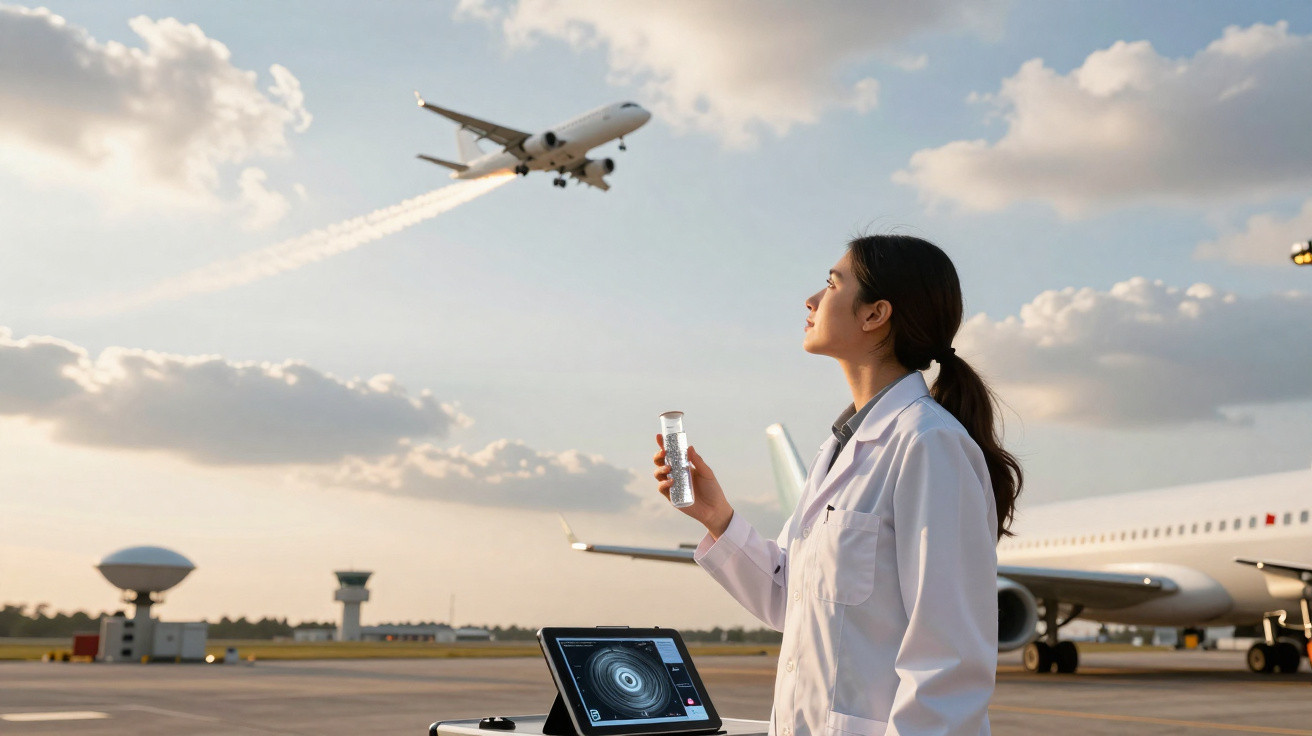 Mulher científica com bata branca observa avião a descolar no aeroporto ao pôr do sol.