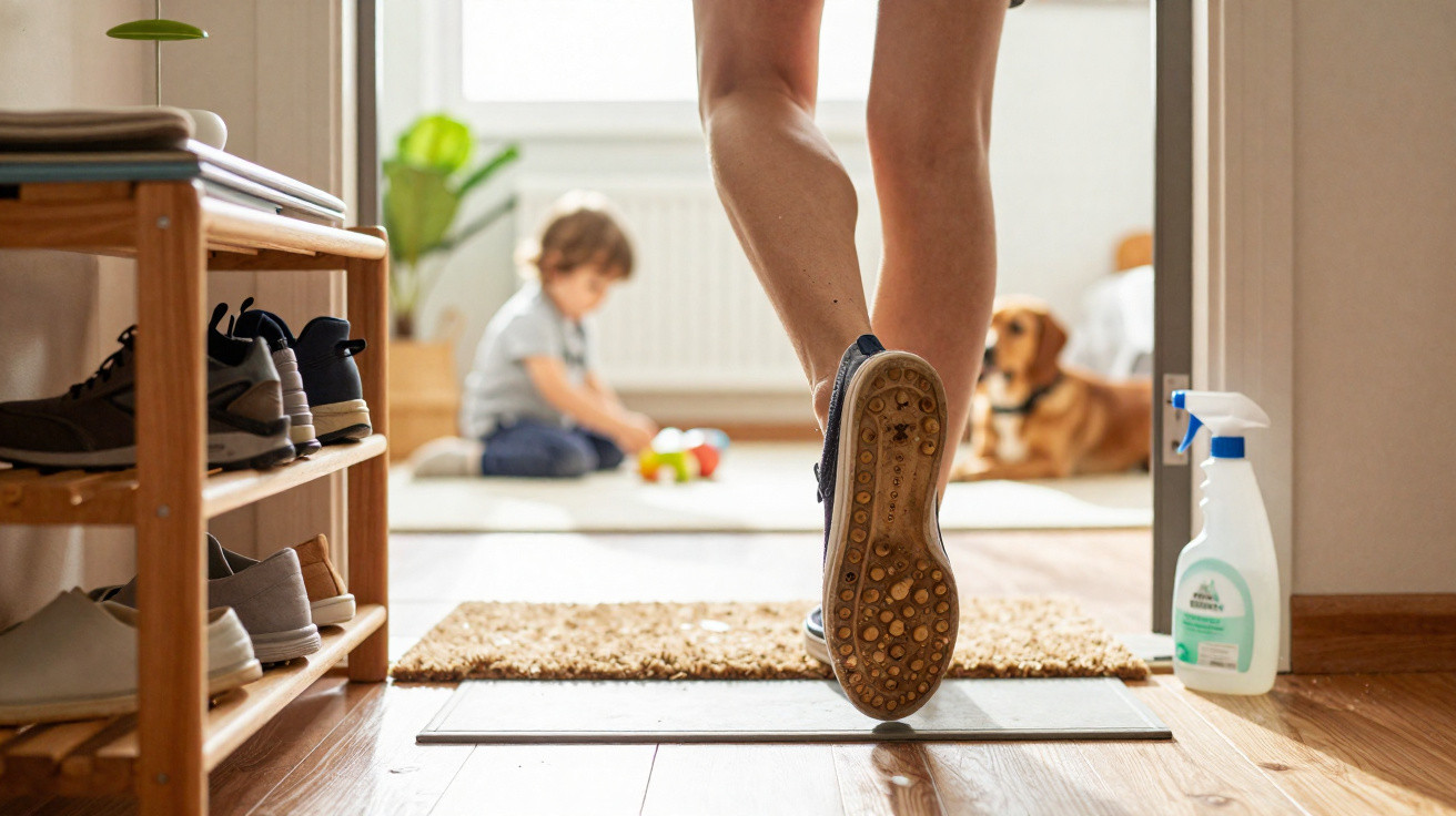 Pessoa a entrar em casa com niño a brincar e cão deitado no chão ao fundo.