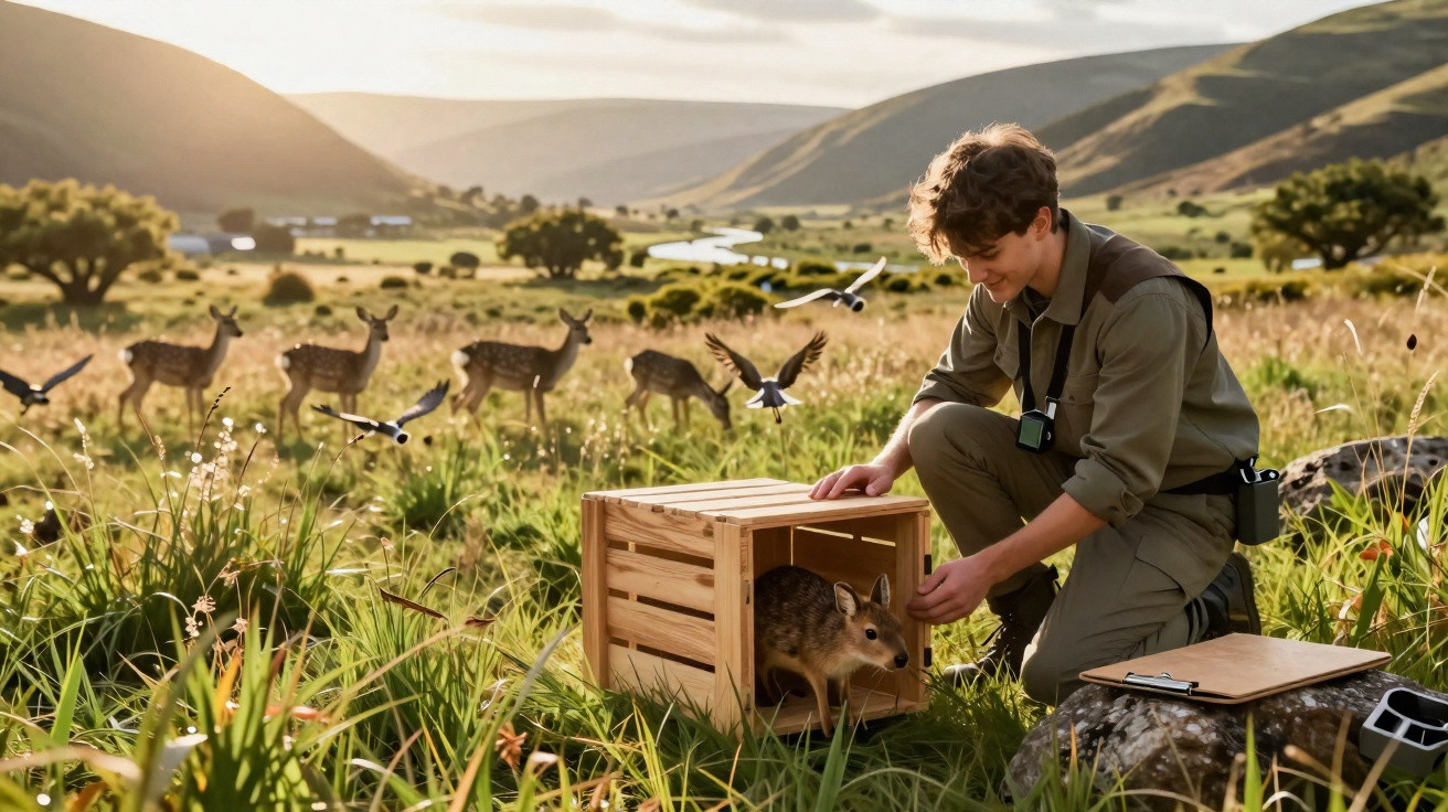 Jovem liberta animal preso numa caixa de madeira numa campina com cervos e aves ao redor ao pôr do sol.