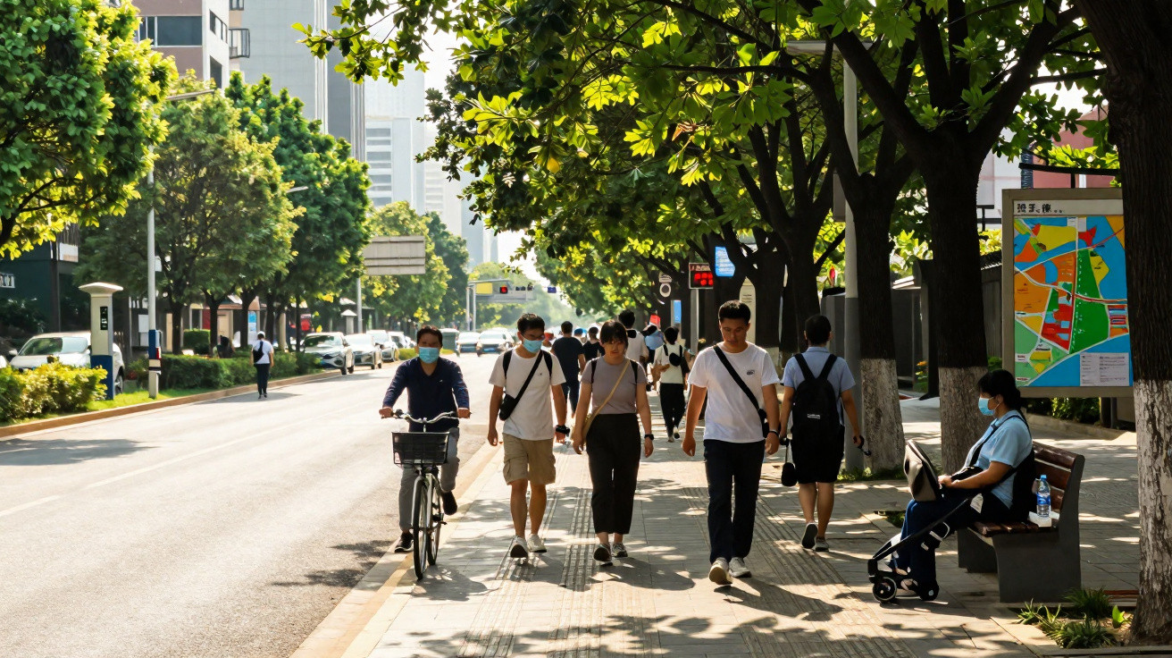 Rua urbana com várias pessoas a caminhar, ciclistas a andar e banco de paragem de autocarro à sombra.