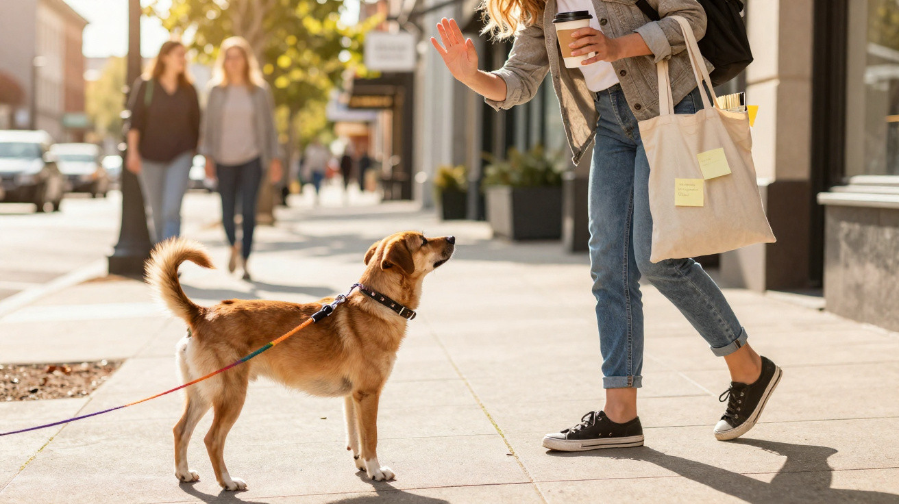Pessoa a interagir com cão de pequeno porte na rua, outra segura a trela e um café.