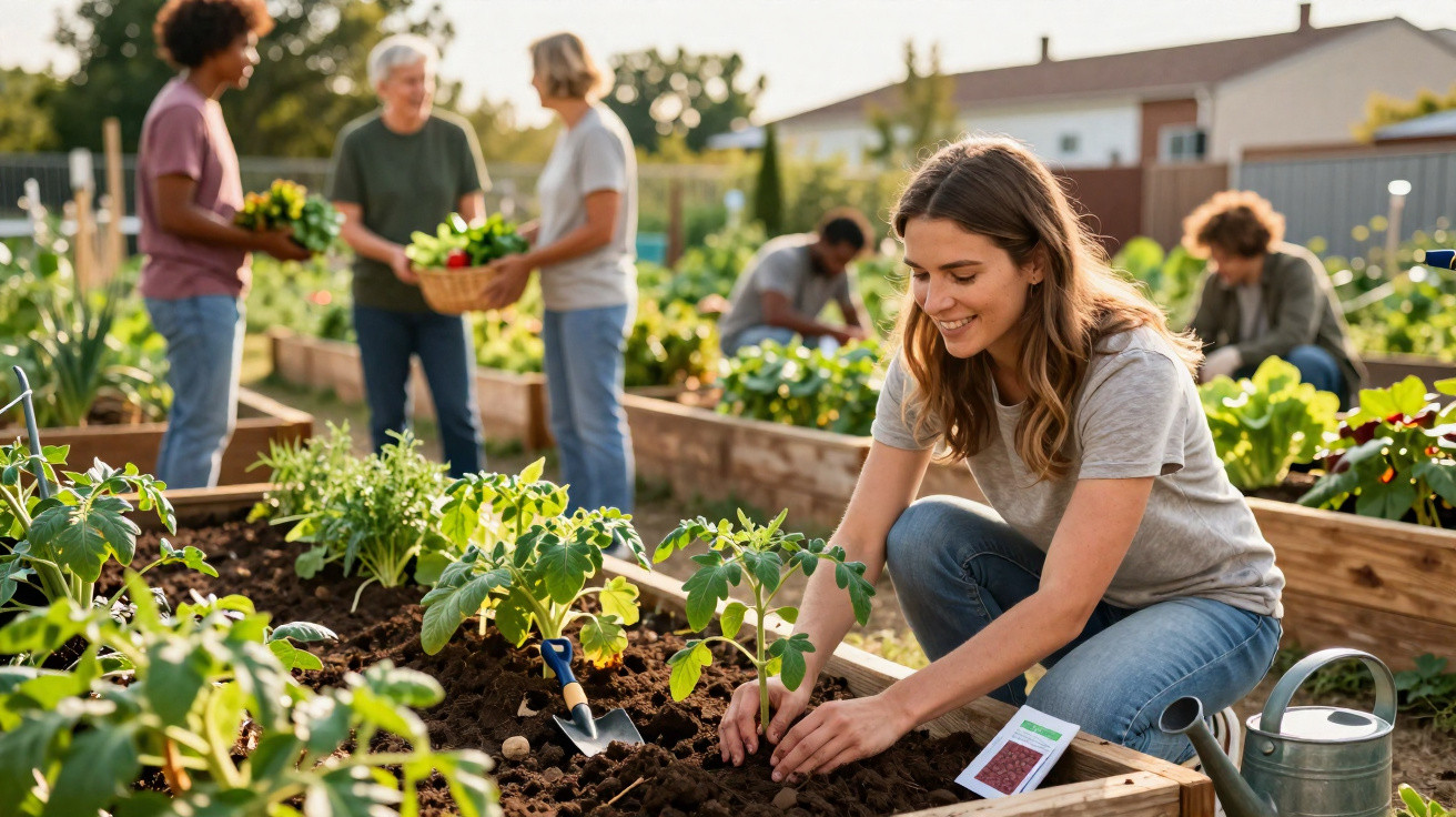 Jovem mulher a plantar numa horta comunitária com outras pessoas a colherem legumes ao fundo.