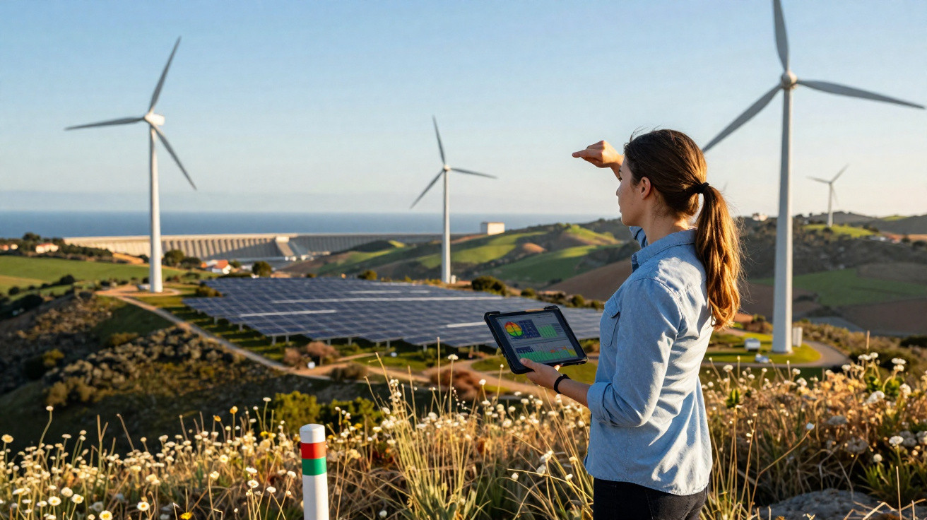 Mulher com tablet analisa painéis solares e turbinas eólicas em campo verde sob céu azul.