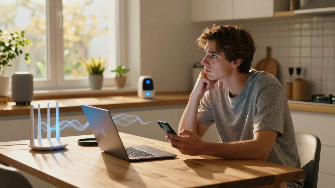 Jovem sentado a trabalhar numa mesa com computador portátil, telemóvel na mão e router Wi-Fi a carregar.