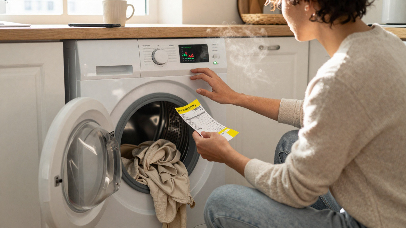 Pessoa a programar uma máquina de lavar roupa branca, com roupas claras dentro, num ambiente doméstico.