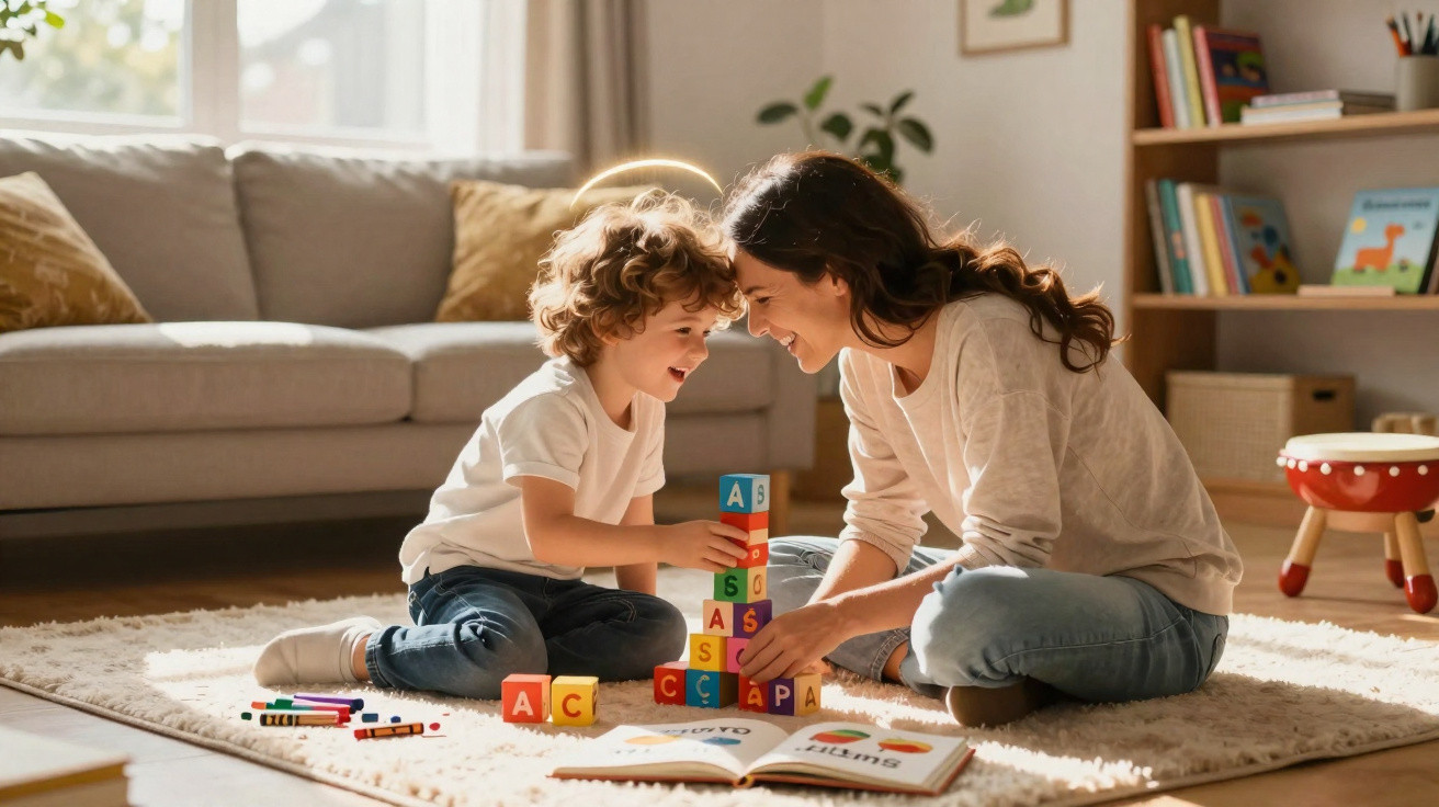 Mãe e filho a brincar e aprender juntos com blocos coloridos e livros numa sala iluminada.