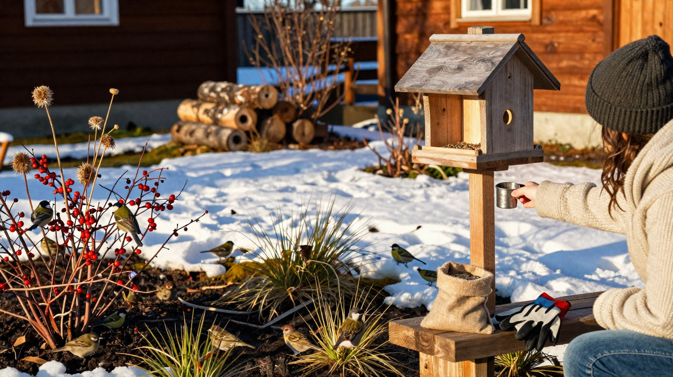 Pessoa a alimentar pássaros num inverno com neve, perto de uma casinha de madeira para aves.
