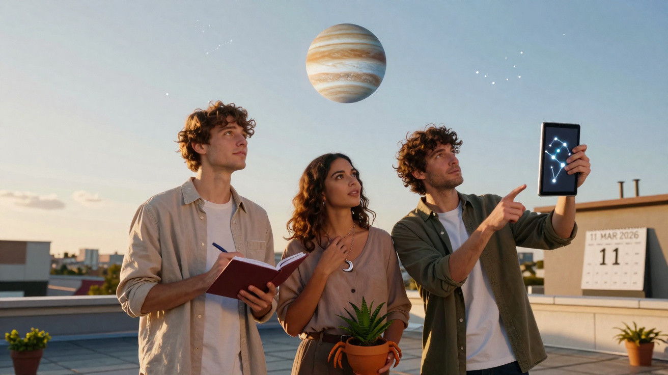 Três jovens observam o céu com constelações e um planeta, usando tablet e caderno numa noite clara.