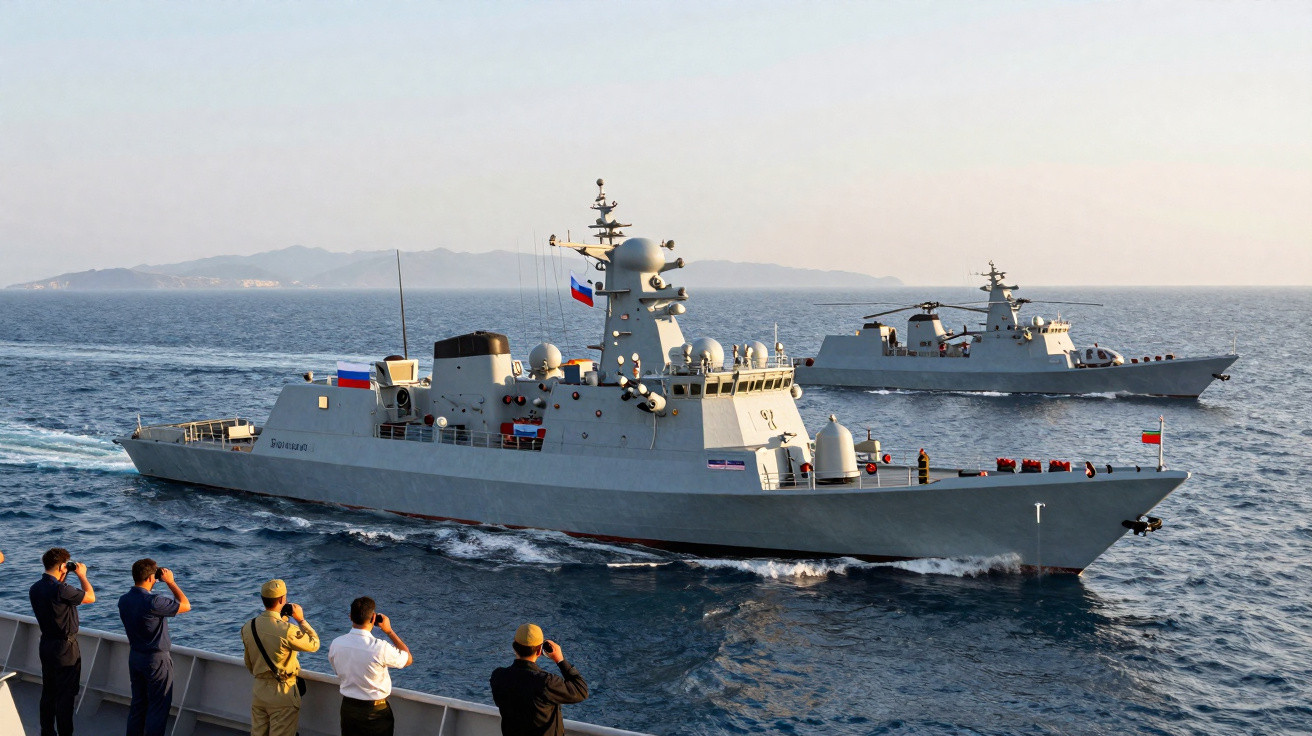 Dois navios militares russos no mar com cinco homens a observar e fotografar a partir de outra embarcação.