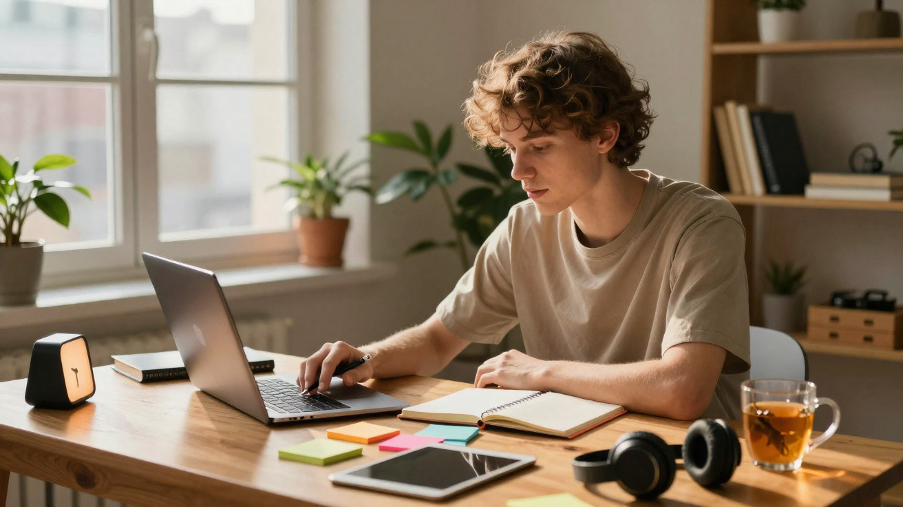 Jovem a estudar sentado numa secretária com computador portátil, blocos de notas e chá num ambiente iluminado.