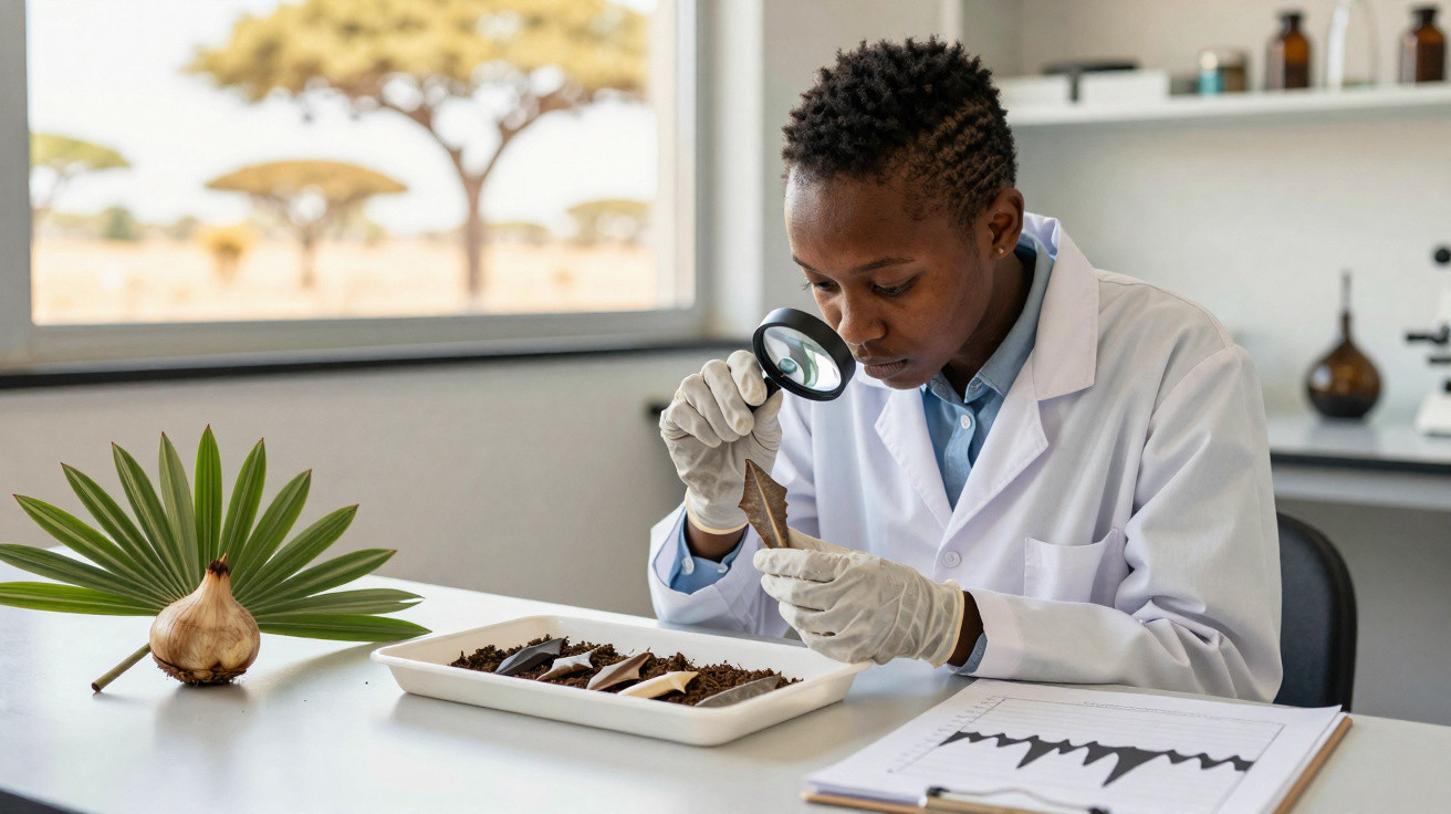 Cientista em laboratório a examinar amostra de planta com lupa usando bata branca e luvas de proteção.