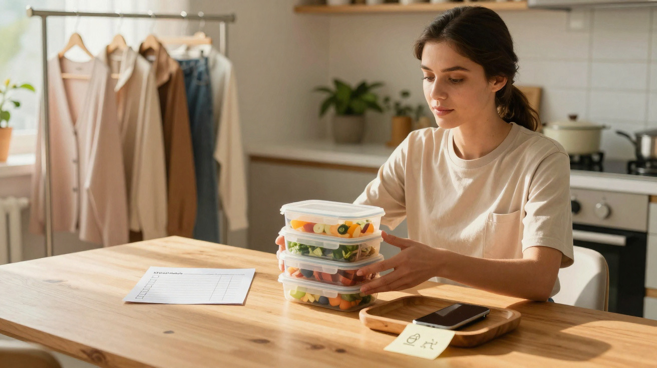 Mulher organiza refeições saudáveis em caixas de plástico numa cozinha moderna e luminosa.