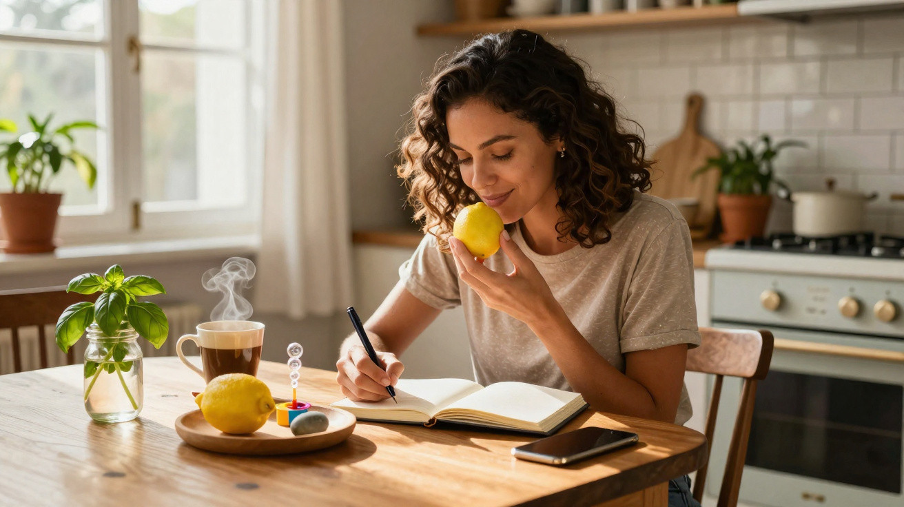Mulher a escrever num caderno sentada à mesa da cozinha com chá quente e limão ao lado.