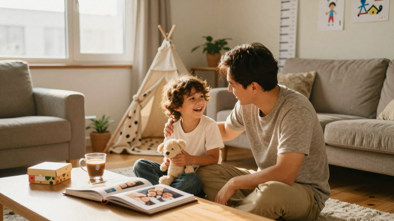 Pai e filho sentados no chão da sala, sorrindo, com ursinho de peluche e álbum de fotografias aberto à frente.