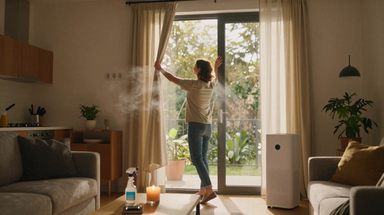 Pessoa a abrir cortina numa sala luminosa com purificador de ar ligado e ambiente acolhedor.