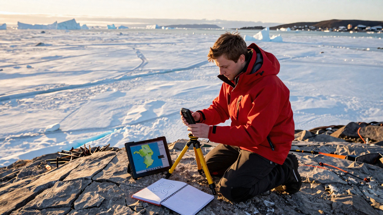 Homem com casaco vermelho usa equipamento científico numa paisagem gelada com icebergs ao fundo.