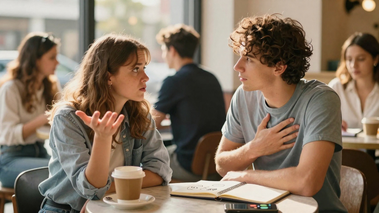 Dois jovens conversam seriamente numa cafetaria, com café e caderno à sua frente.