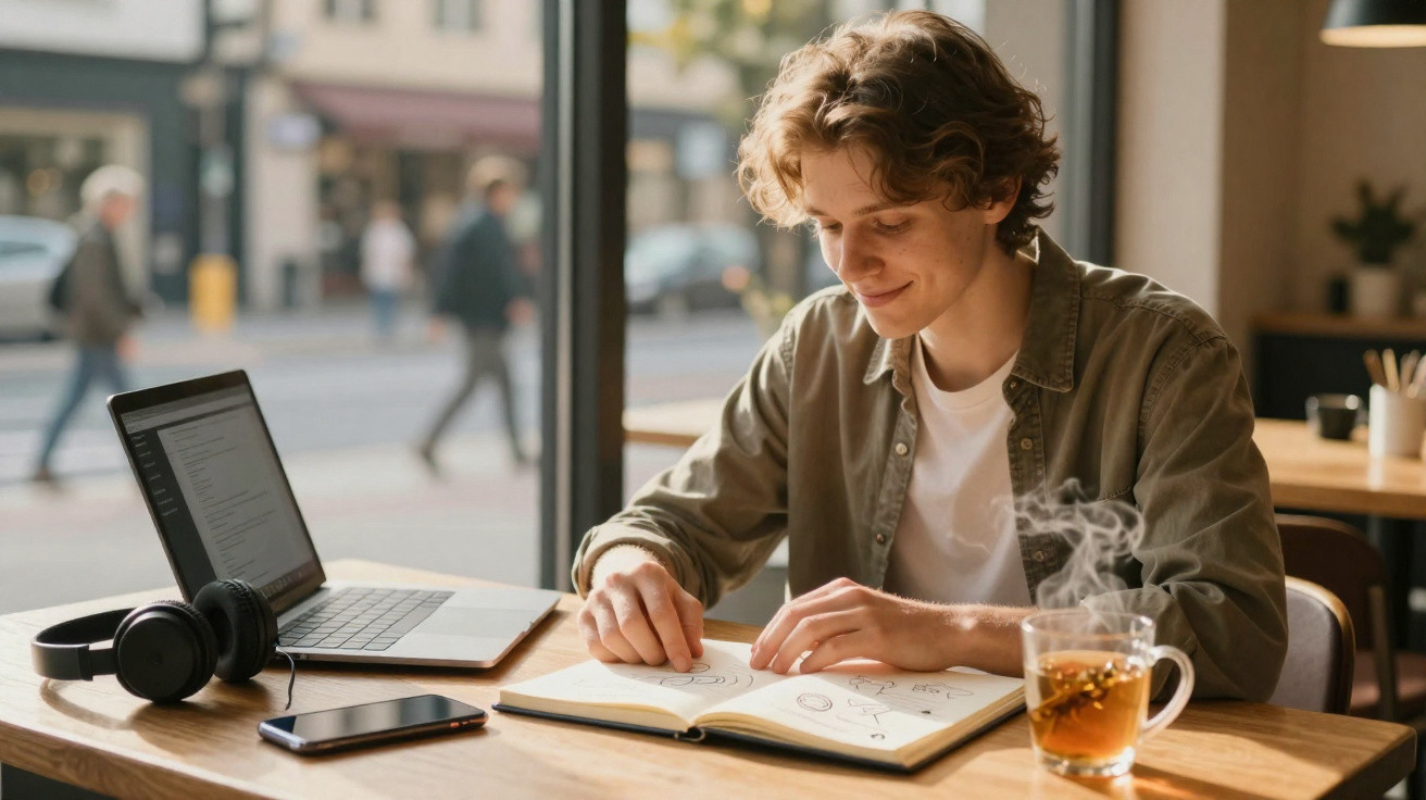 Jovem a escrever num caderno à mesa com laptop, telemóvel, auscultadores e chá quente ao lado.