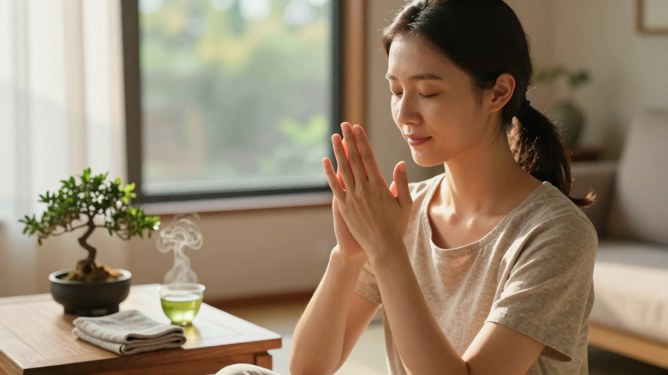 Mulher sentada a meditar com as mãos unidas, ao lado de uma mesa com chá e planta decorativa.