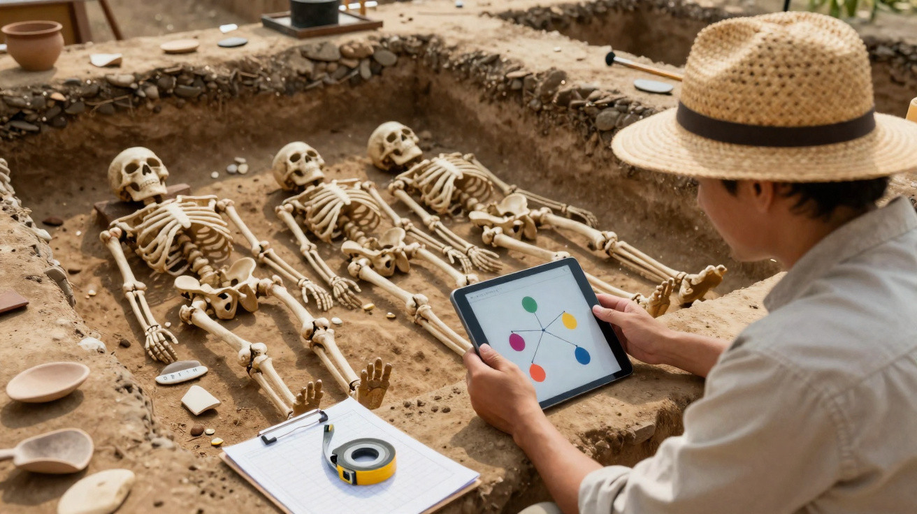 Arqueólogo com chapéu a usar tablet junto a três esqueletos humanos em escavação arqueológica.