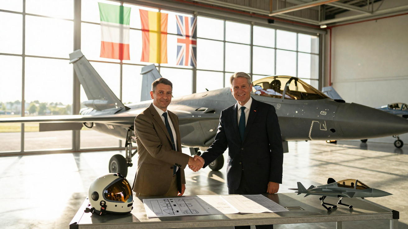 Dois homens de fato apertam as mãos num hangar com avião militar ao fundo e capacete na mesa com mapas.