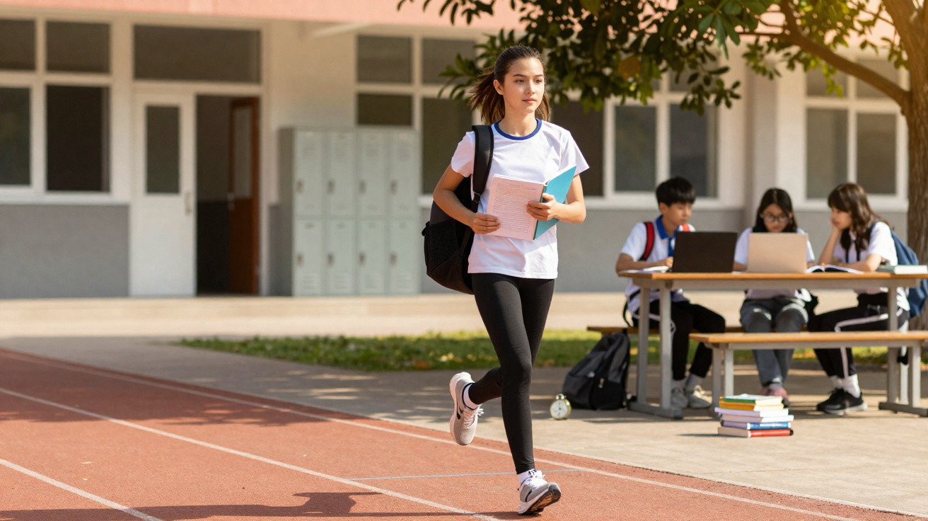 Aluna a correr no pátio da escola com mochila e livros, enquanto colegas estudam ao fundo numa mesa exterior.