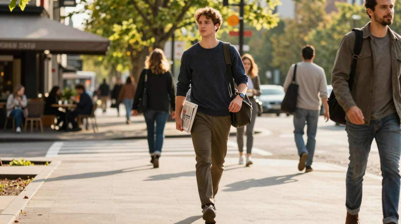Homem jovem a caminhar na rua urbana com mochila e pasta, outras pessoas ao fundo sob árvores e luz do sol.