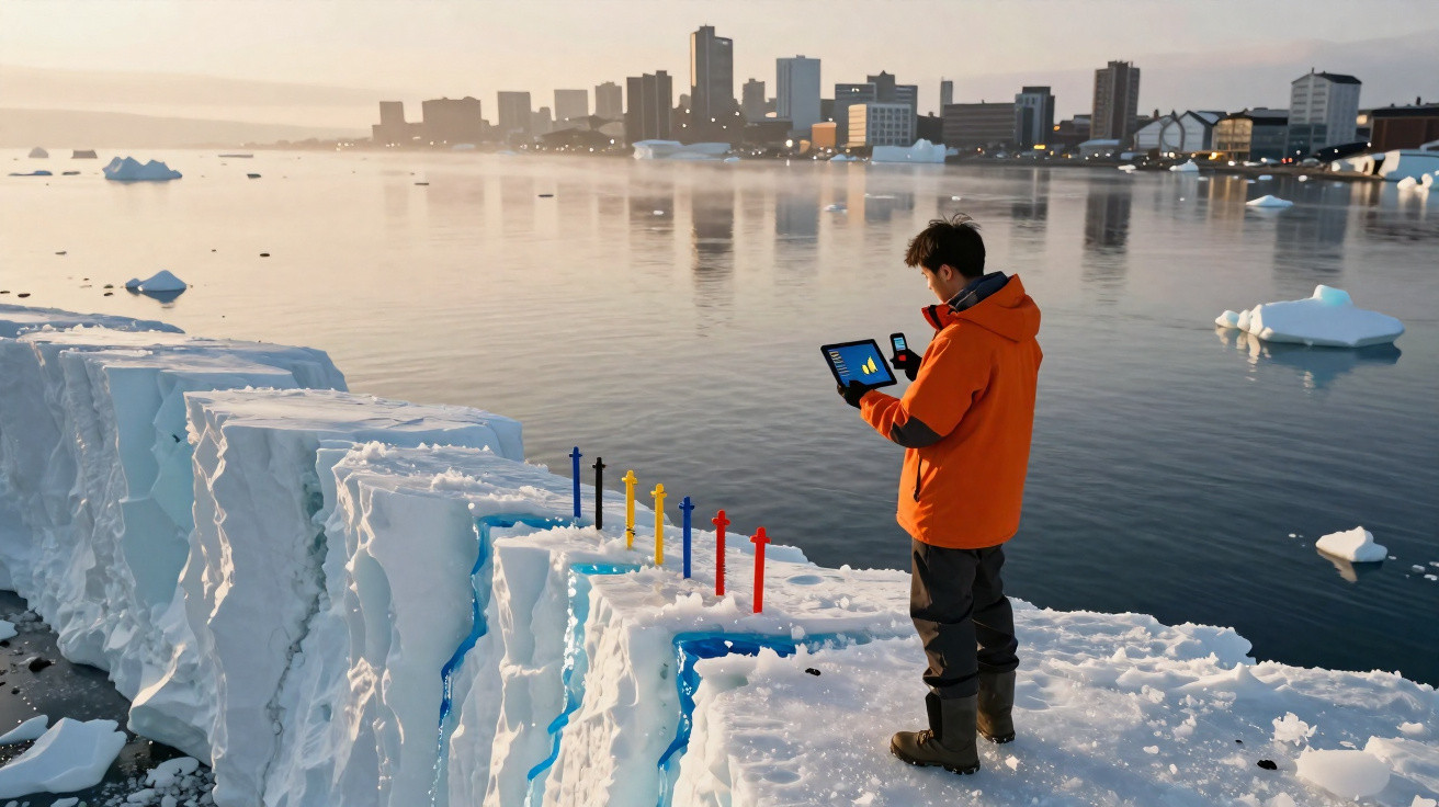 Pessoa com casaco laranja usa tablet junto a icebergue e água com cidade ao fundo ao pôr do sol.
