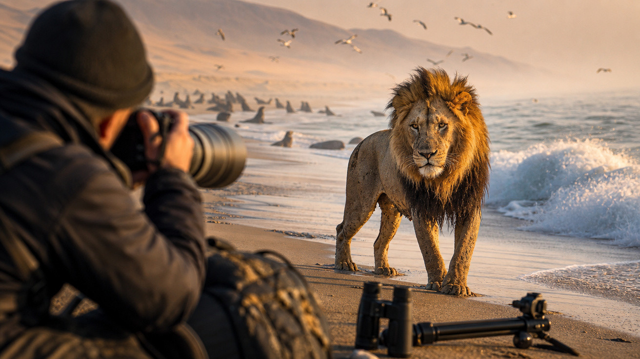 Fotógrafo a tirar foto de um leão com juba na praia ao amanhecer com ondas e gaivotas ao fundo.